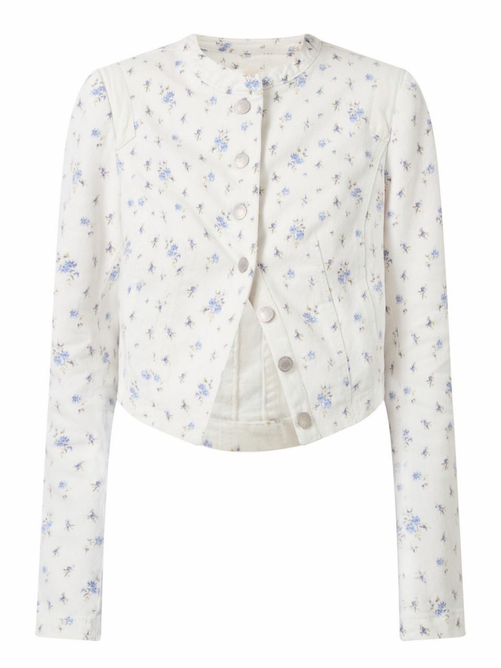 Love Shack Fancy Falima Floral Print White Denim Cropped Jacket
